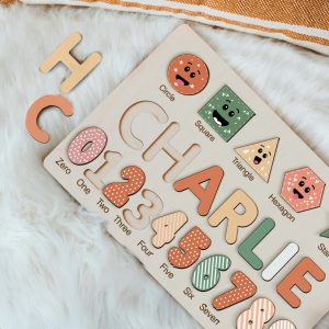 Personalized Wooden Name Puzzle with Numbers & Shapes - Rainbow - Image 4