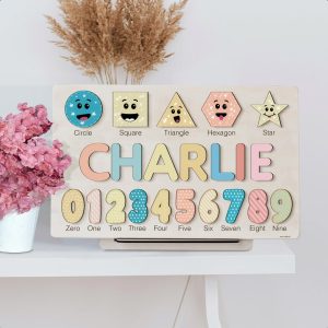 Personalized Wooden Name Puzzle with Numbers & Shapes - Rainbow - Image 6