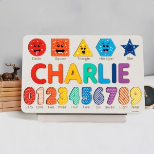 Personalized Wooden Name Puzzle with Numbers & Shapes - Rainbow - Image 2