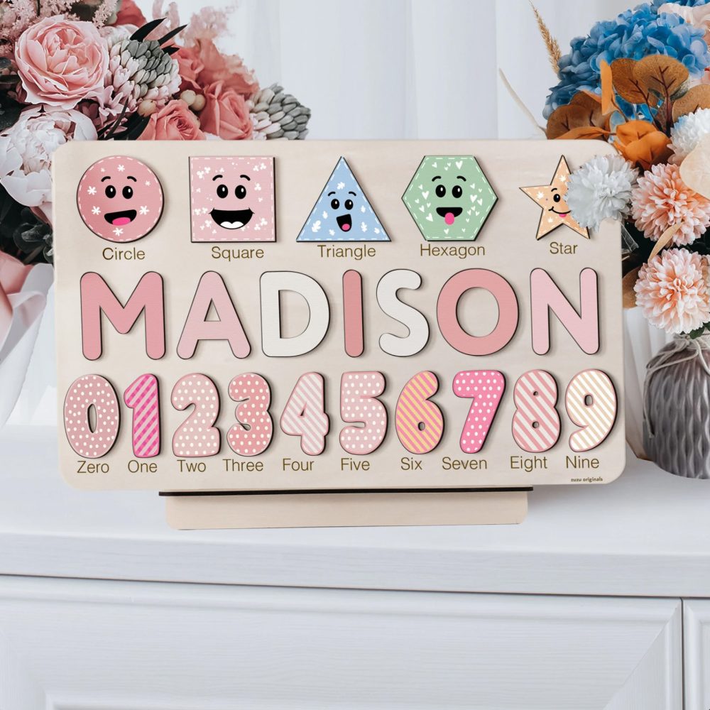 Personalized Wooden Name Puzzle with Numbers & Shapes - Ocean - Image 5