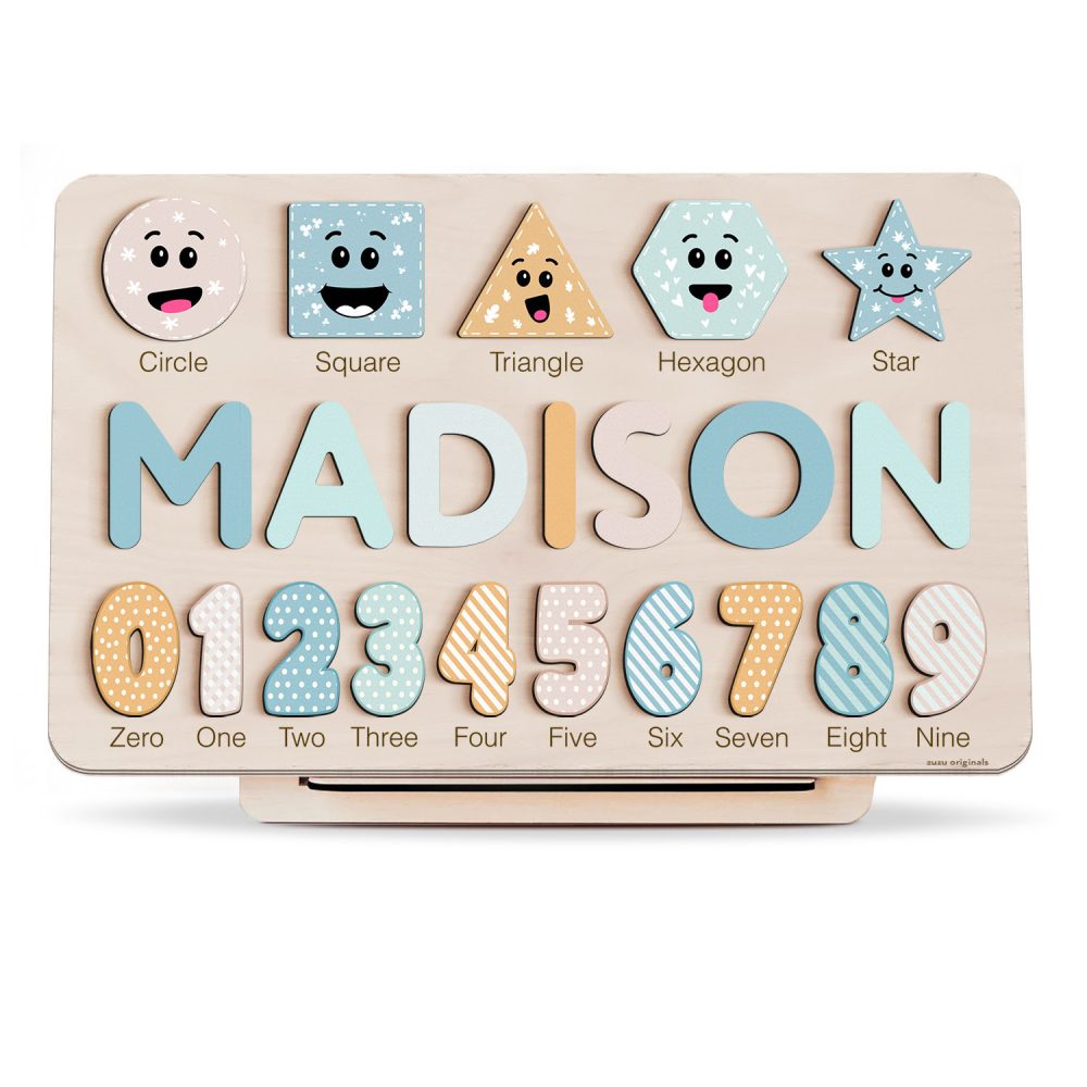 Personalized Wooden Name Puzzle with Numbers & Shapes - Siesta - Image 1