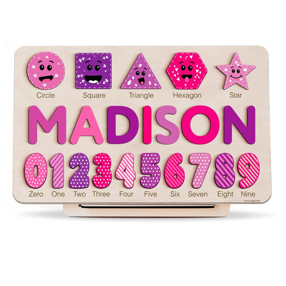 Personalized Wooden Name Puzzle with Numbers & Shapes - Berries - Image 1