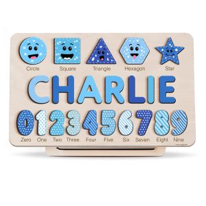 Personalized Wooden Name Puzzle with Numbers & Shapes - Ocean