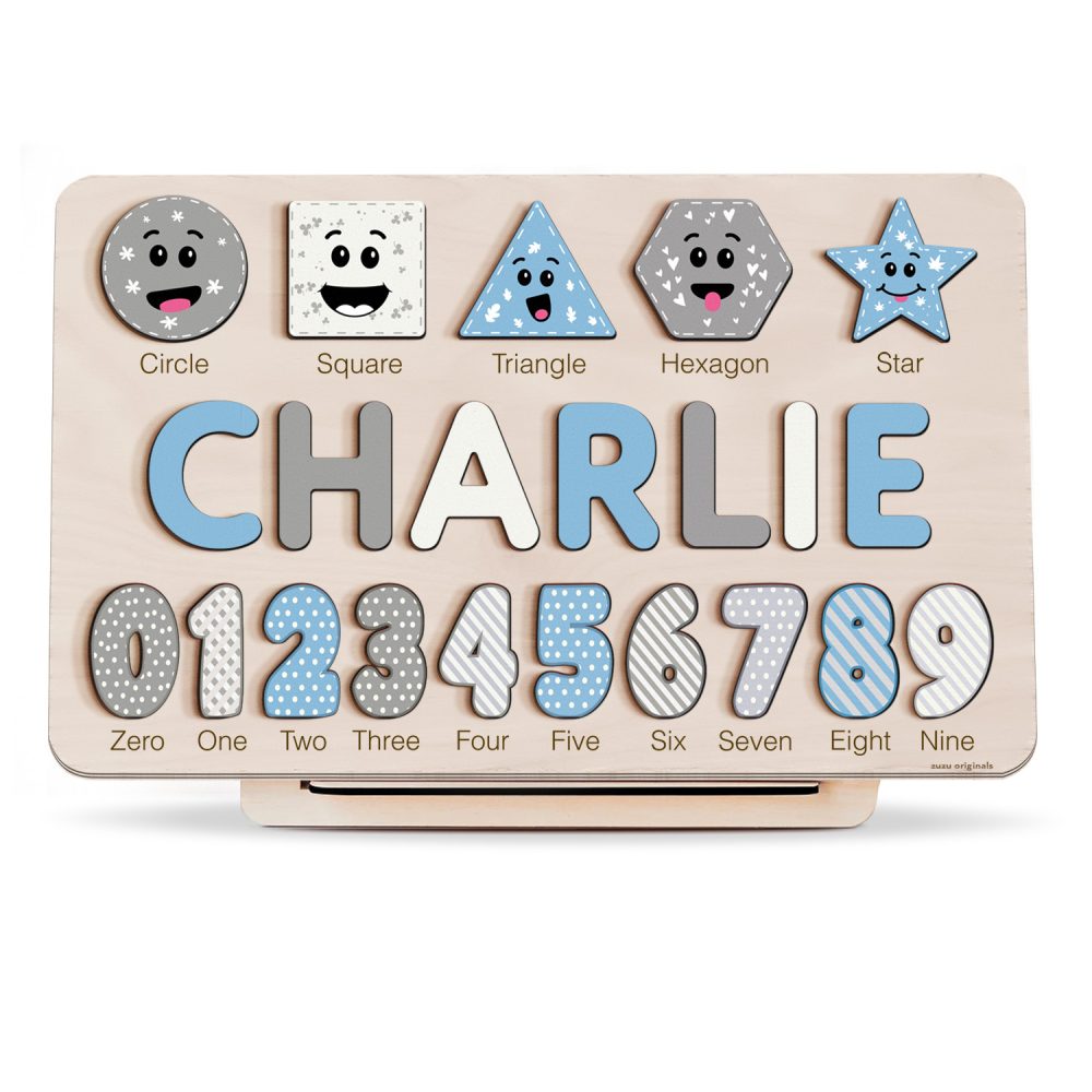 Personalized Wooden Name Puzzle with Numbers & Shapes - Light Blue - Image 1
