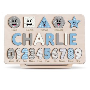 Personalized Wooden Name Puzzle with Numbers & Shapes - Light Blue