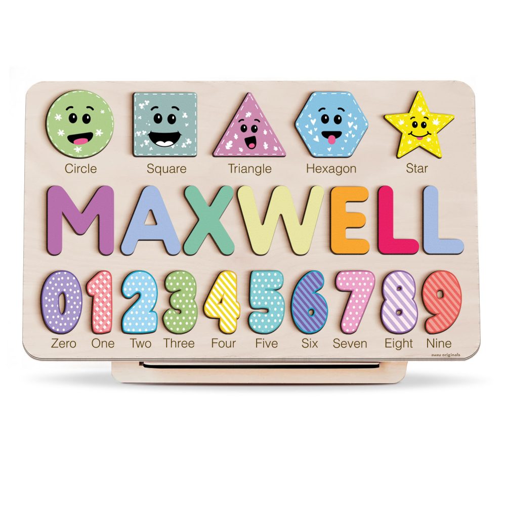 Personalized Wooden Name Puzzle with Numbers & Shapes - Pastel - Image 1