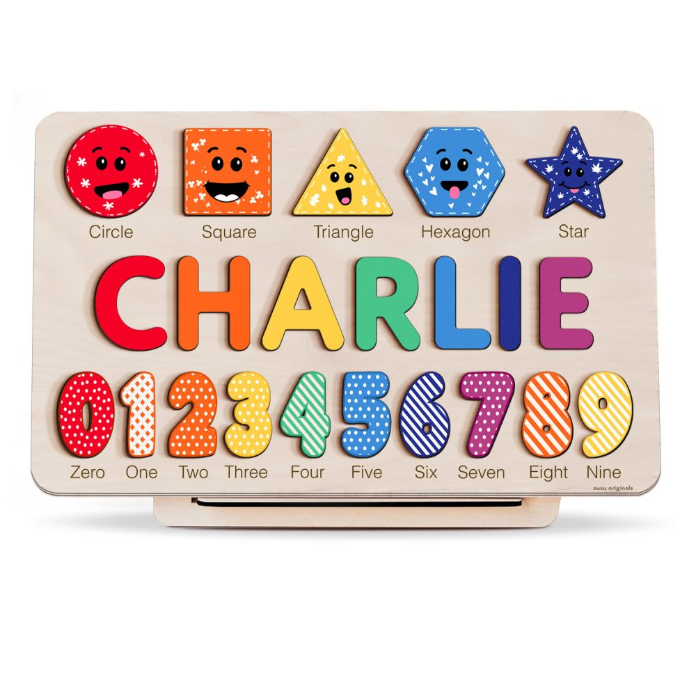 Personalized Wooden Name Puzzle with Numbers & Shapes - Rainbow - Image 1