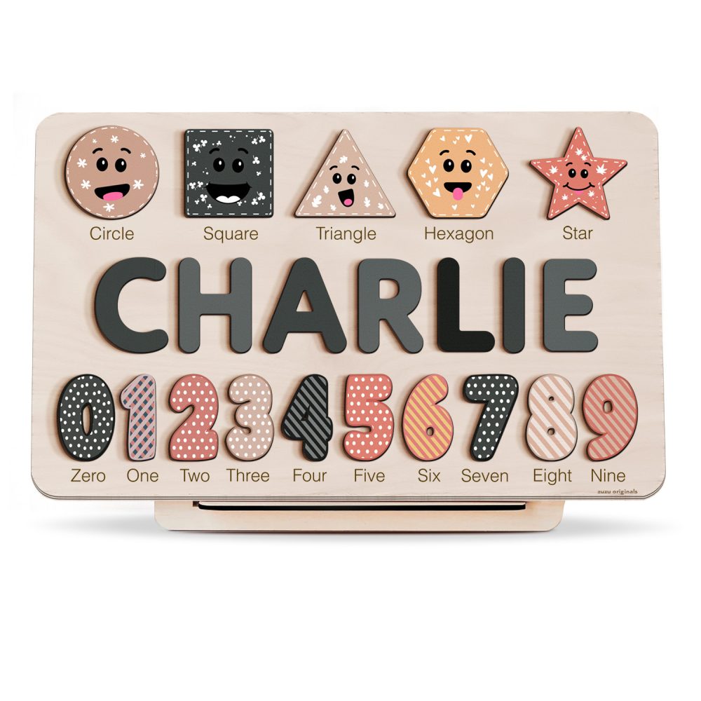 Personalized Wooden Name Puzzle with Numbers & Shapes - Space Grey - Image 1