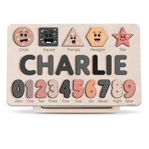 Personalized Wooden Name Puzzle with Numbers & Shapes - Space Grey
