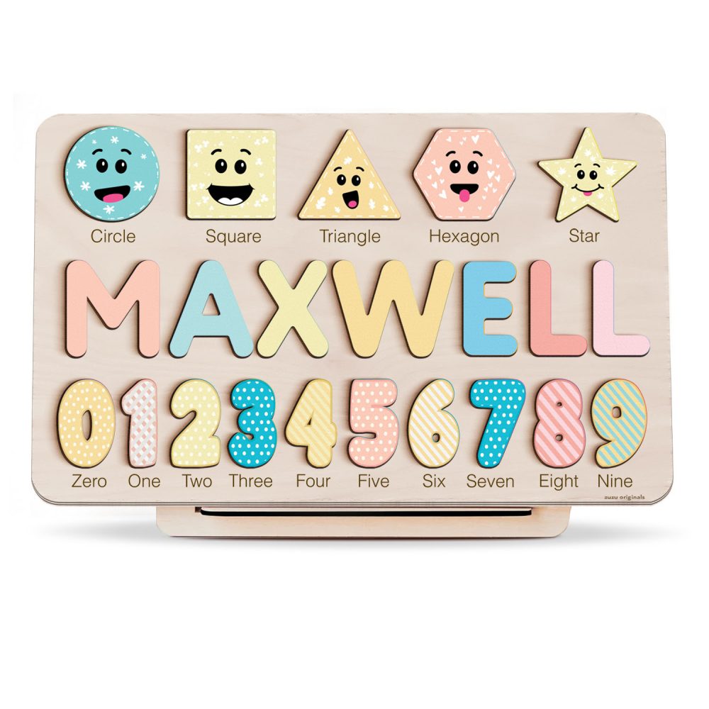 Personalized Wooden Name Puzzle with Numbers & Shapes - Spring - Image 1