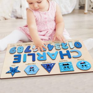 Personalized Wooden Name Puzzle with Numbers & Shapes - Ocean - Image 2