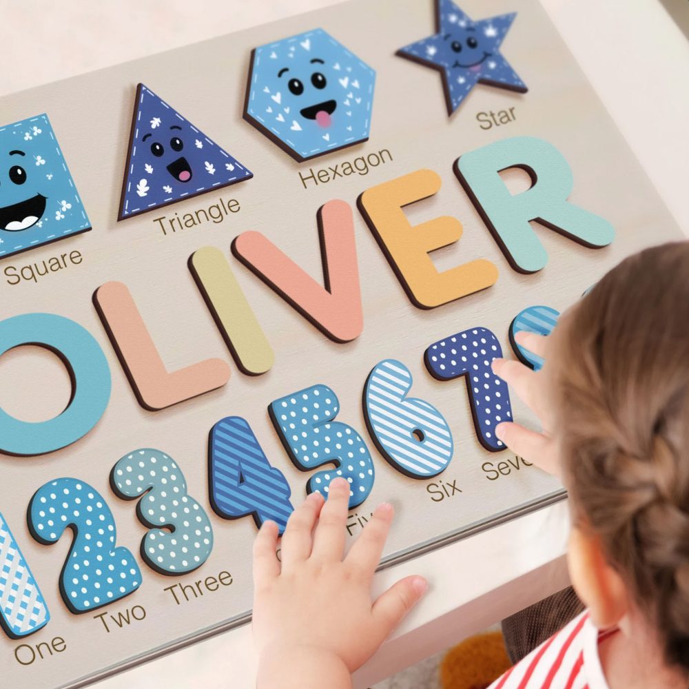 Personalized Wooden Name Puzzle with Numbers & Shapes - Ocean - Image 4