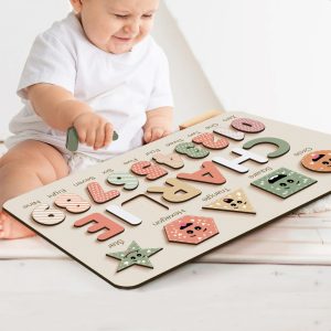 Personalized Wooden Name Puzzle with Numbers & Shapes - Light Blue - Image 6