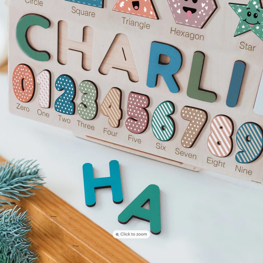 Personalized Wooden Name Puzzle with Numbers & Shapes - Imperial - Image 4