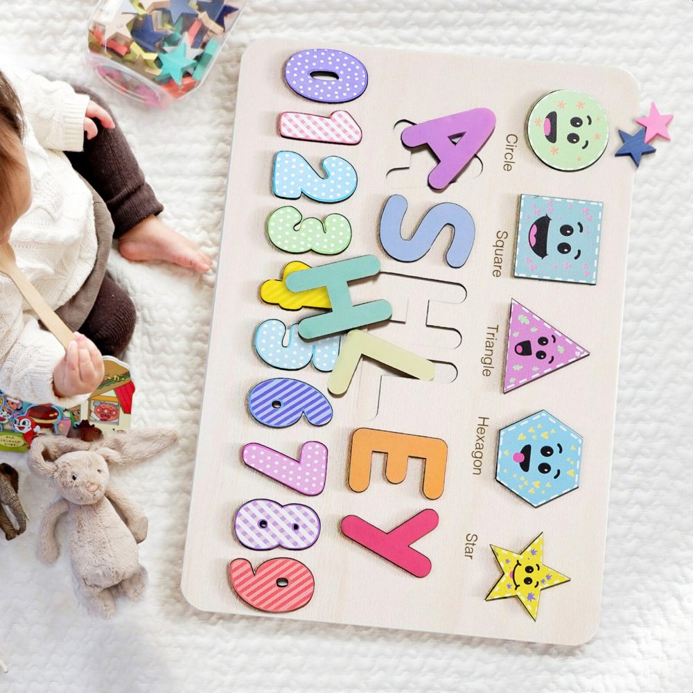 Personalized Wooden Name Puzzle with Numbers & Shapes - Pastel - Image 2