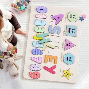 Personalized Wooden Name Puzzle with Numbers & Shapes - Pastel - Image 2