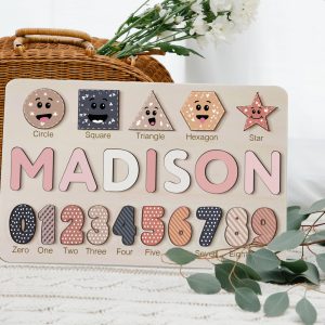Personalized Wooden Name Puzzle with Numbers & Shapes - Coastal - Image 4