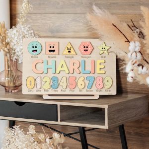Personalized Wooden Name Puzzle with Numbers & Shapes - Spring - Image 4