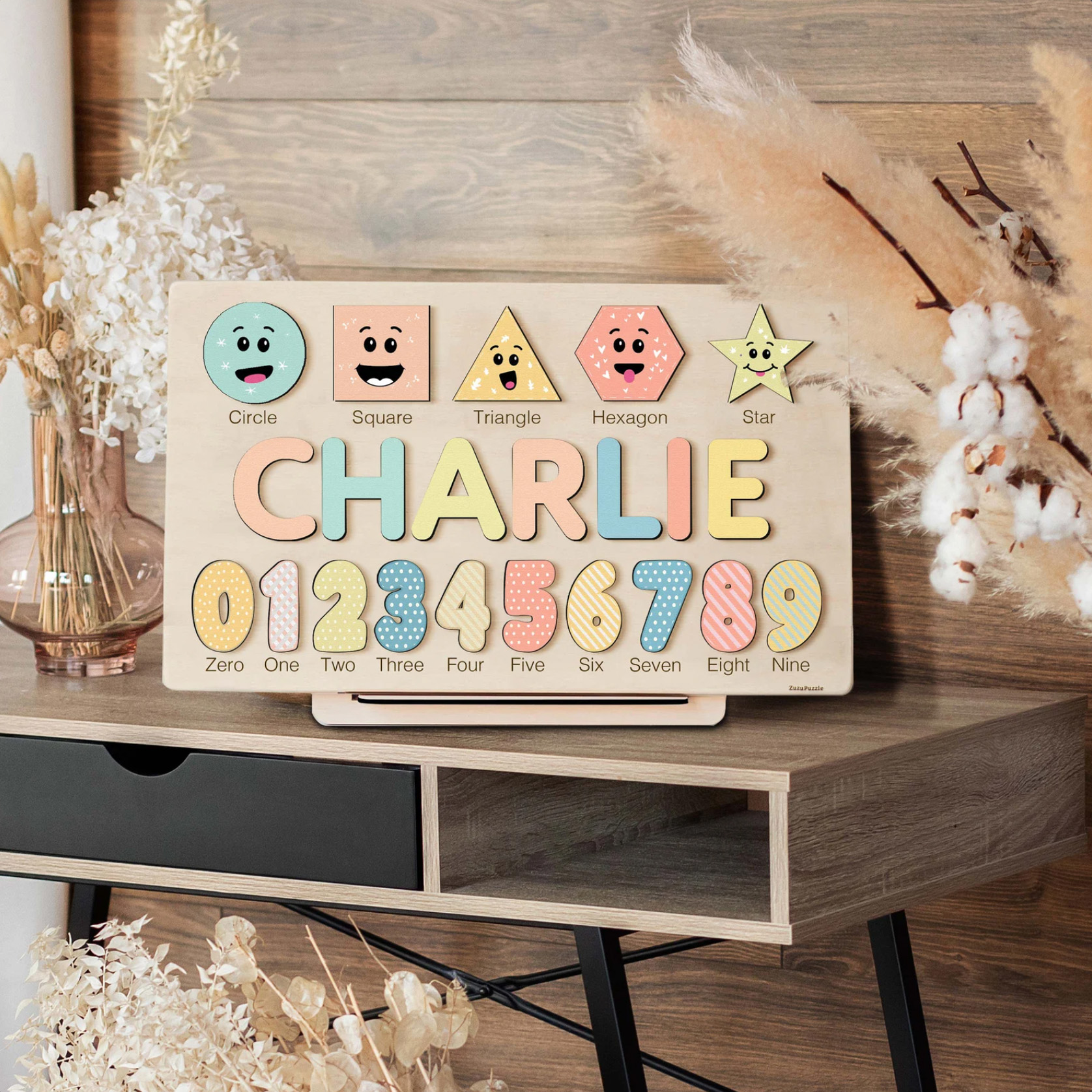 i-v2 Personalized Wooden Name Puzzle with Numbers & Shapes - Spring - Image 4