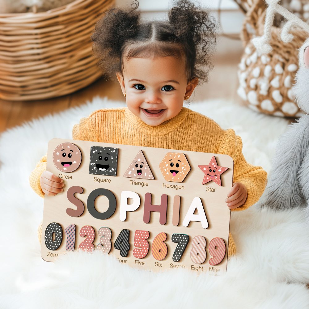 Personalized Wooden Name Puzzle with Numbers & Shapes - Berries - Image 3