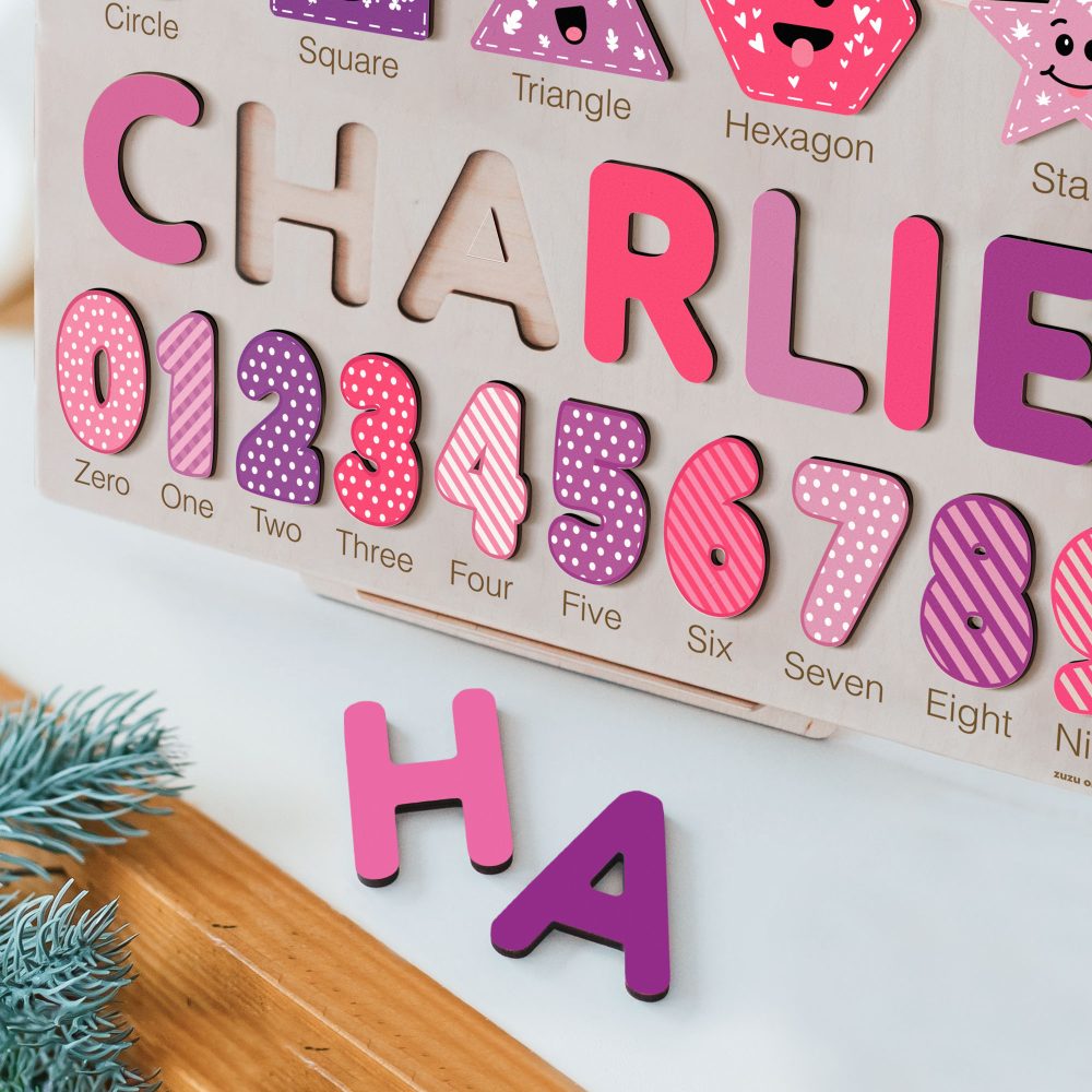 Personalized Wooden Name Puzzle with Numbers & Shapes - Berries - Image 5