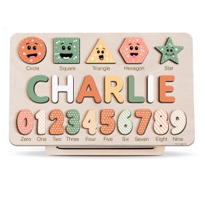Personalized Wooden Name Puzzle with Numbers & Shapes - Coastal