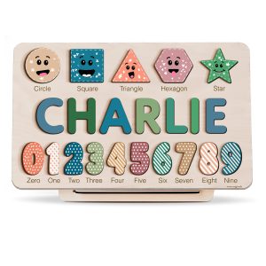 Personalized Wooden Name Puzzle with Numbers & Shapes - Forest
