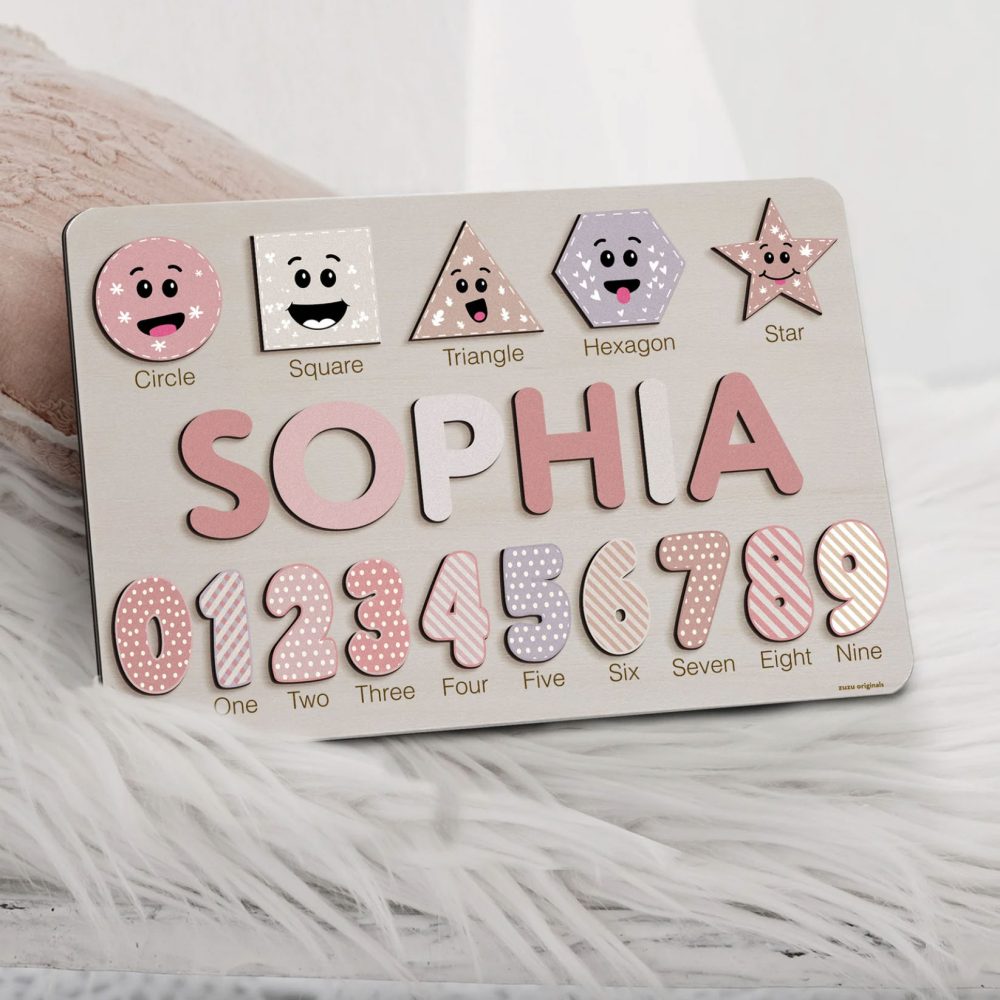 Personalized Wooden Name Puzzle with Numbers & Shapes - Imperial - Image 2