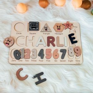 Personalized Wooden Name Puzzle with Numbers & Shapes - Space Grey - Image 4
