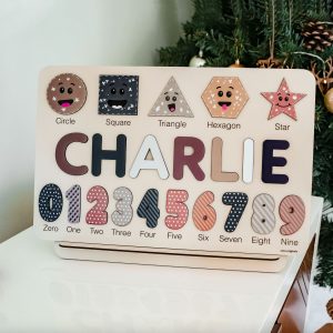 Personalized Wooden Name Puzzle with Numbers & Shapes - Light Blue - Image 7