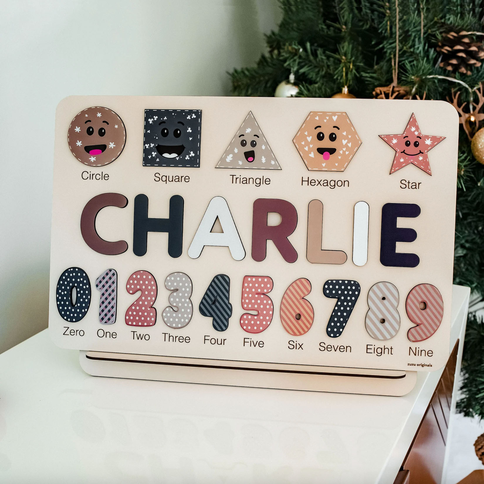 m-v8 Personalized Wooden Name Puzzle with Numbers & Shapes - Light Blue - Image 7