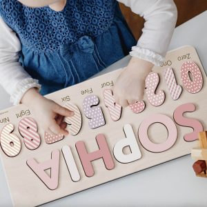 Personalized Wooden Name Puzzle with Numbers - Light Blue - Image 4