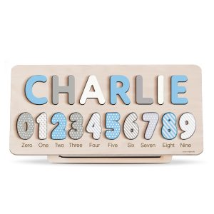 Personalized Wooden Name Puzzle with Numbers - Light Blue